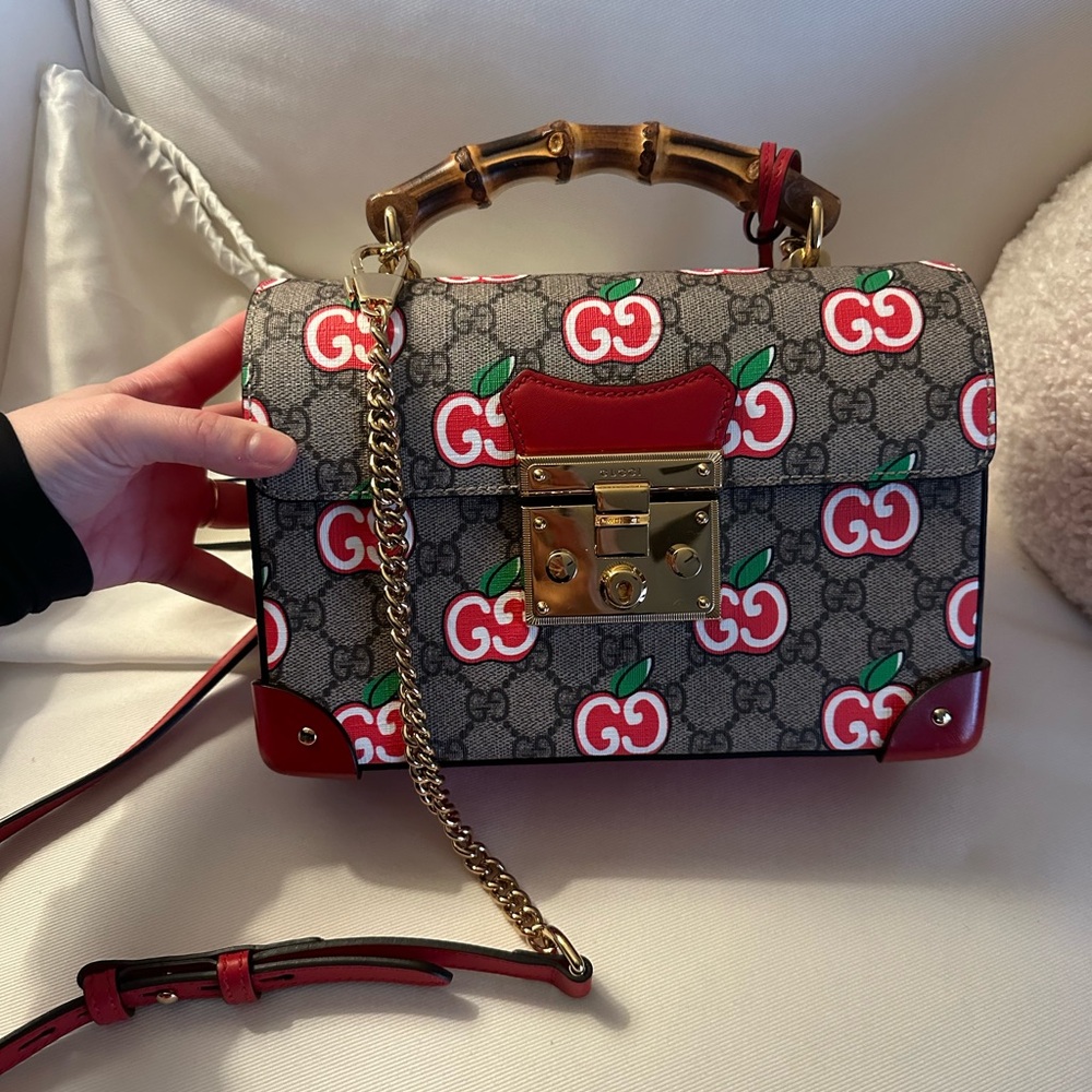 Apple Gucci Red and Gray Satchel with Signature GG Pattern and bamboo strap